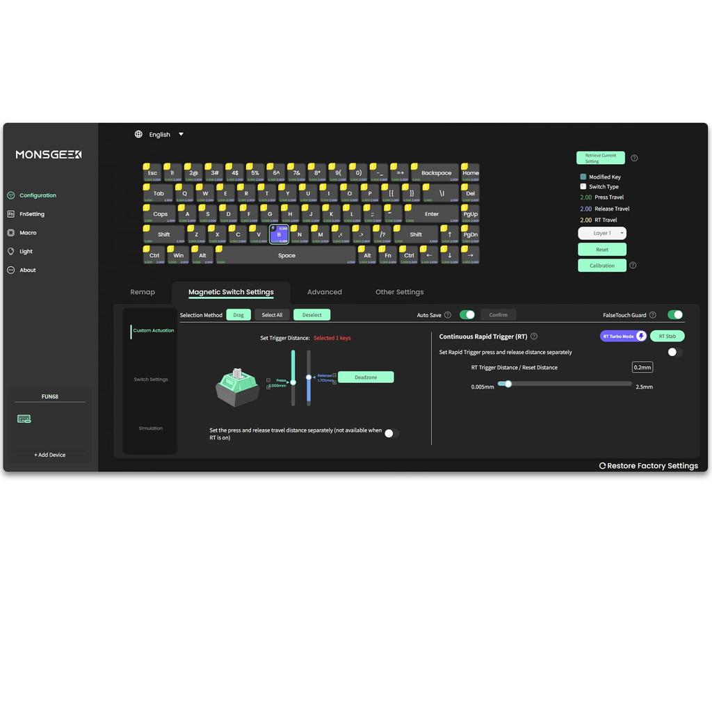 MonsGeek FUN68 HE Rapid Trigger English Layout Wired Model Magnetic Switch Akko Glare Magnetic Switch Tenkeyless Side Print Double Shot PBT 8K Polling