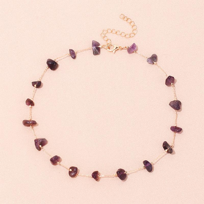 European Cool Tone Amethyst Necklace, Creative Stackable Natural Stone Clavicle Chain