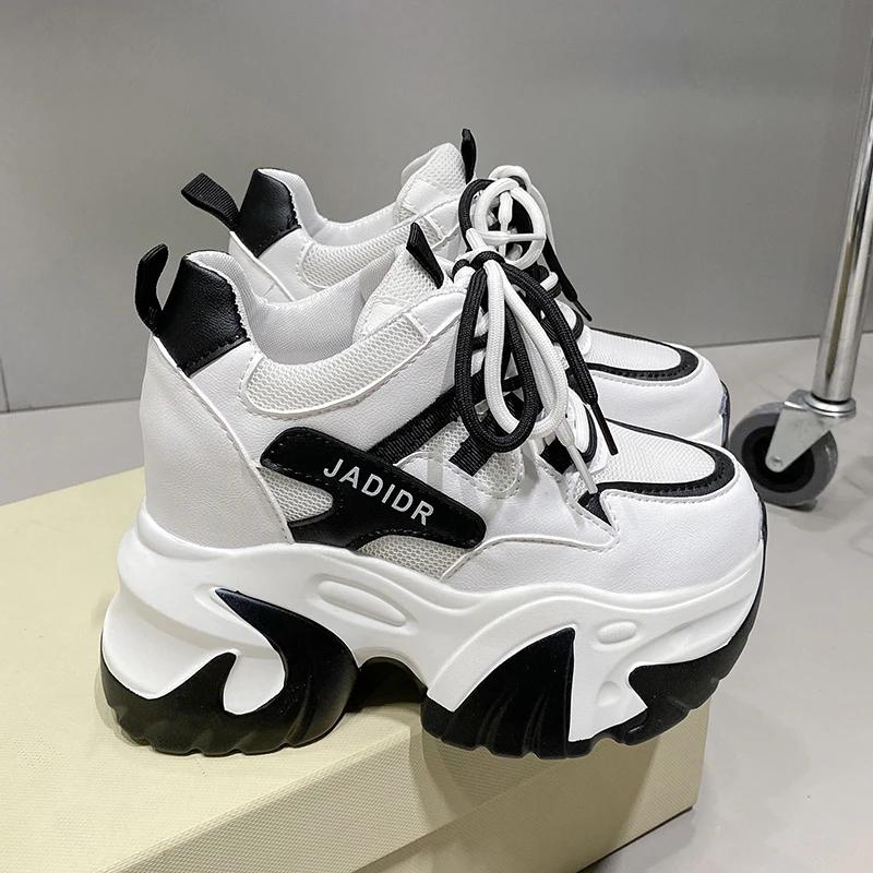 Móda 10,5CM Dámské Kožené Robustní Tenisky Nový Podzim Skryté Podpatky Ležérní Sportovní Dad Shoes Silná Podrážka Platforma Prodyšné Tenisky Žena