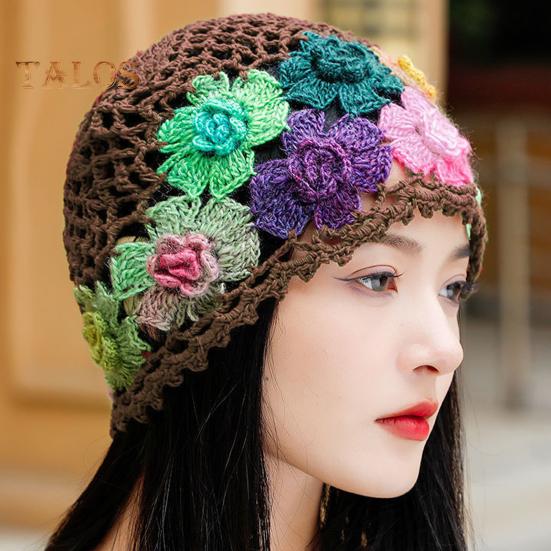 Women Hat Manual Colorful Hollow Out Knitted Flower Crochet Elastic Soft Breathable Lightweight Sunshade Soft Travel Outdoor Cap Brimless Beanie