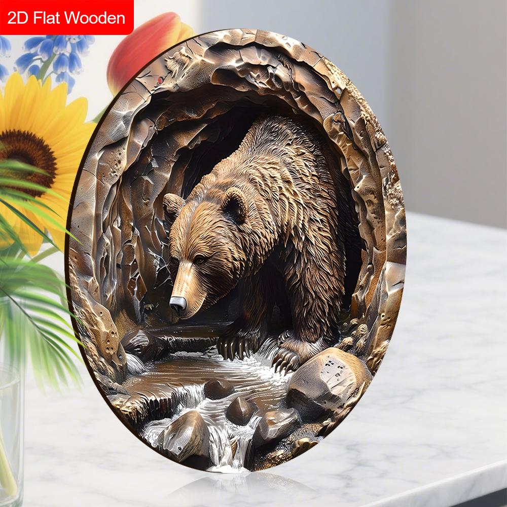 Rustic Wooden Sign with Bear Pattern - Charming Round Sign for Front Door, Wall Hanging Decor - Ideal Gift for Friend