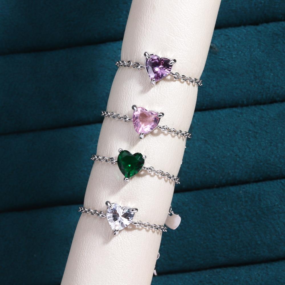 Pink Purple Green Zircon Heart Pull-out Chain Adjustable Rings For Women Fashion New Jewelry Gift Party Wedding Anillos Mujer