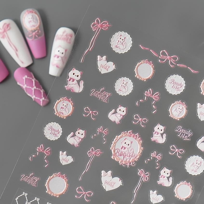 Autocolante de Unghii 5D Embosate Desen Animat Pisică Roz - Autocolante Autoadezive cu Sclipici pentru Artă Unghiilor cu Designuri Drăguțe de Pisoi, Inimi și Fundițe pentru Manichiură