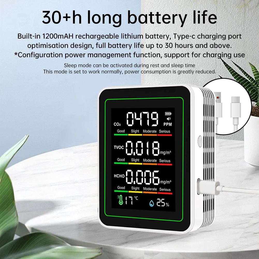 MT11 5-in-1 Air Quality Monitor Carbon Dioxide Detector Formaldehyde TVOC Temperature & Humidity Air Quality Monitor Type C Port