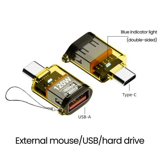 Typ-C Stecker auf USB A Buchse Adapter 120W USB 3.2 Gen2 Adapter Beidseitig 10Gbps Datenübertragung Adapter mit transparentem Gehäuse