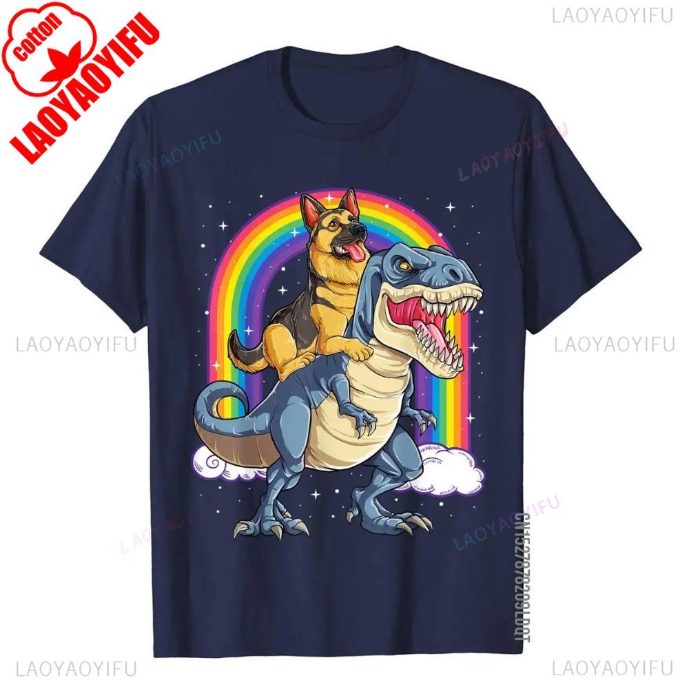 German Shepherd Riding Dinosaur Male Tshirt Rainbow Graphic Printed TShirt Men Summer Casual Crewneck Cotton Short Sleeve
