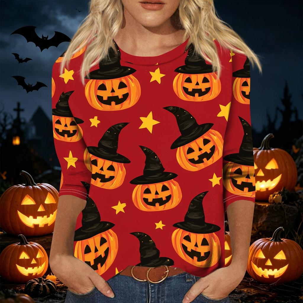 Women's Casual 3/4 Sleeve Halloween Print Pullover Top Round Neck Lightweight Loose Fit Shirt for Fall and Everyday Wear
