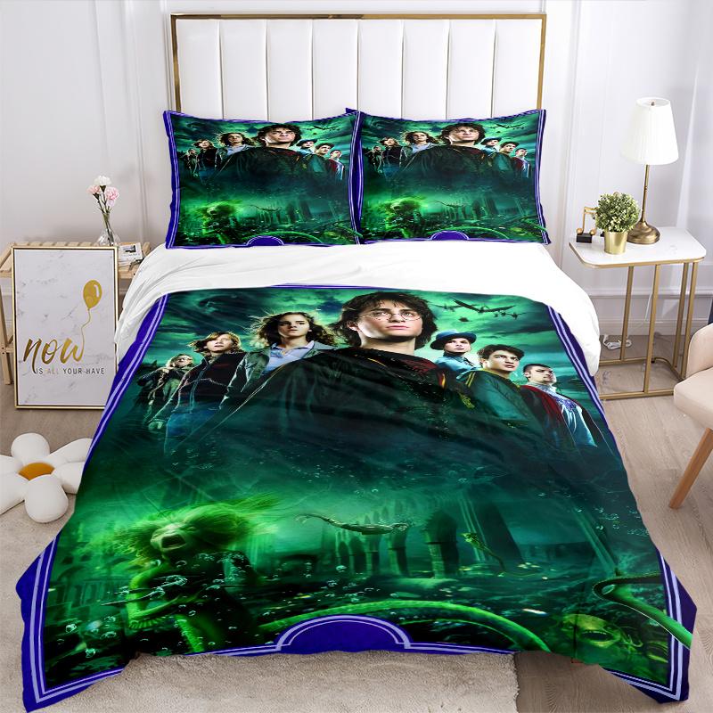 3pcs Green Harry Potter Bedding Set - 1 Soft Quilt Cover + 2 Pillowcases, Machine Washable - Suitable for All Seasons, Perfect Gift for Fami