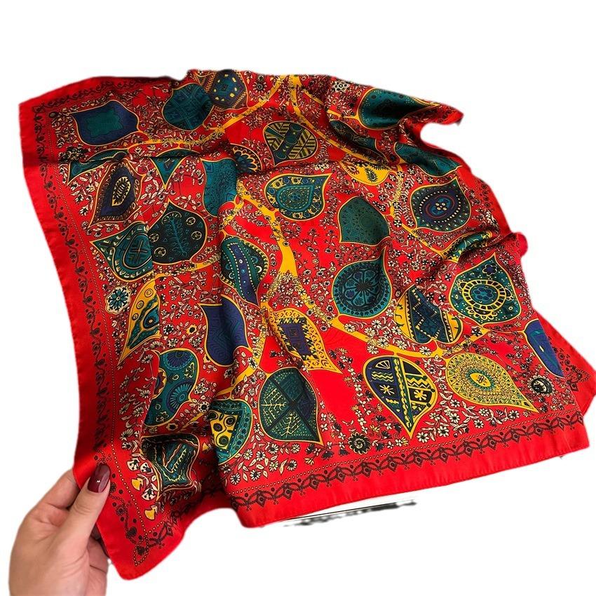 Seidenschal mit Retro-Print, quadratischer Damenschal, 70 cm, Seidenimitat-Schal, Schal, Kopftuch, dekorativer Sonnenschutz
