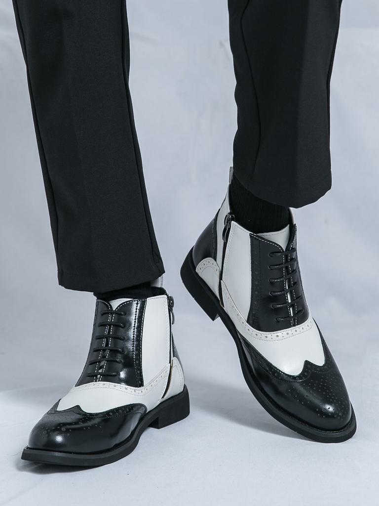 Luxury New Designer Men Pointed Black White Mix Patchwork Casual Ankle Boot Male Winter Fashion High Tops Shoes Zapatos Hombre