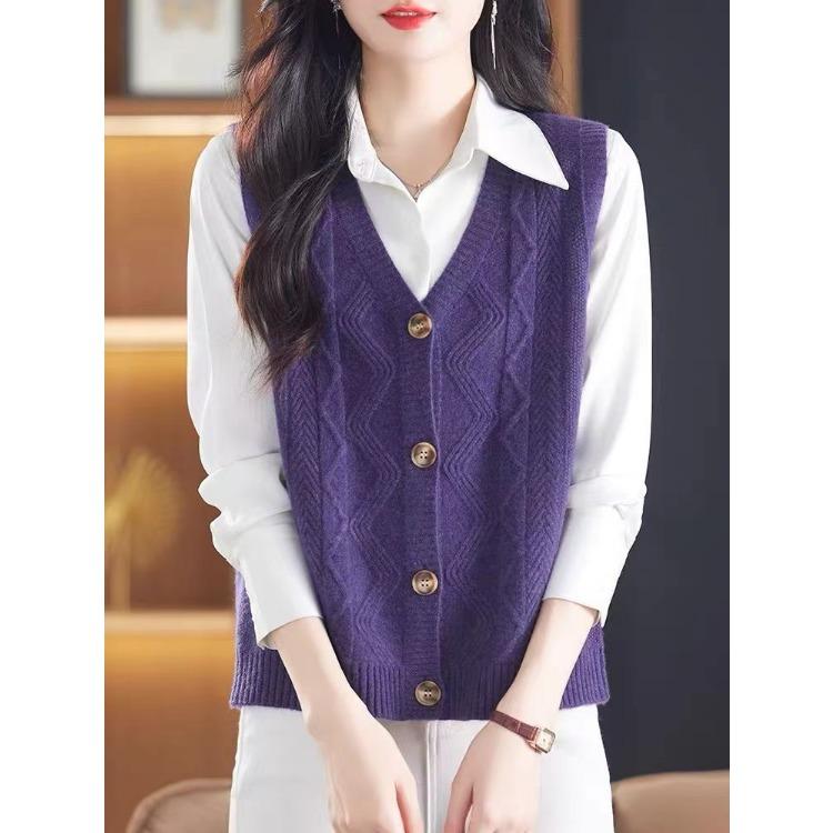 Women's Vest Autumn and Winter New V-neck Cardigan Sleeveless Solid Color Sweater Vest Loose Knitted Vest Mother's