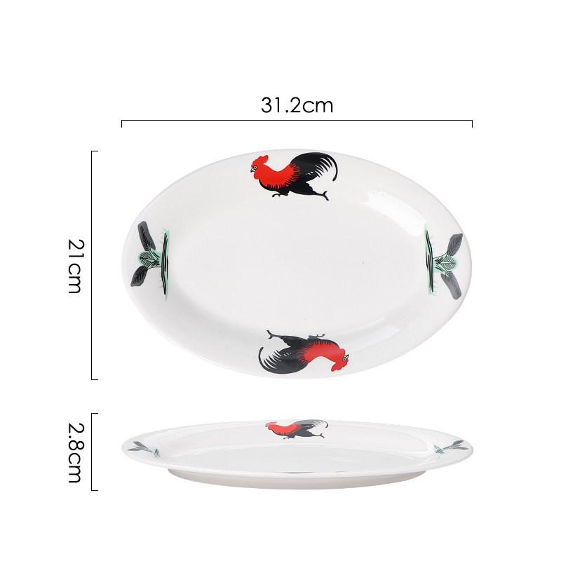 Ceramic Retro Rooster Oval Fish Serving Plate for Microwave & Hotel Use