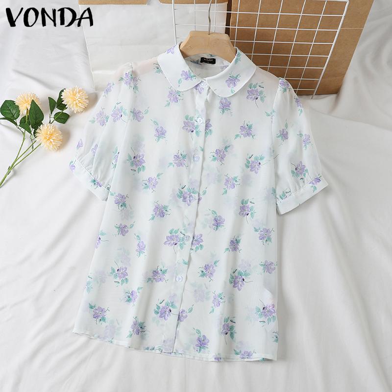 

VONDA Летние тонкие женские топы с цветочным принтом и короткими пышными рукавами