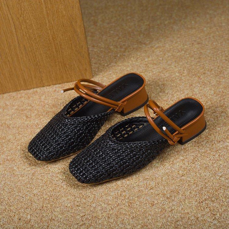 

Soft leather version~ Baotou half slippers women s outer wear 2025 summer new two wear versatile French beautiful sandals thick heel 35 чёрный