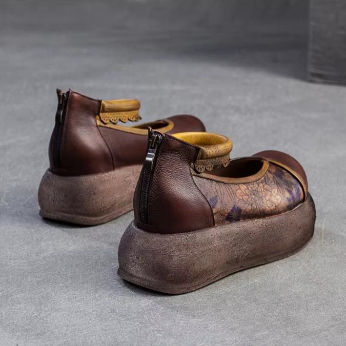 Johnature Thick Soled Height Increasing Shoes Genuine Leather Printed Retro Women's Flat Platform Shoes