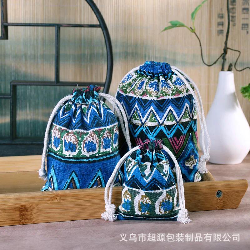 10pcs/lot Linen Drawstring pocket Cute Pattern Printed DIY wedding Candy Storage Bag Travel Makeup Cloth Shoes Sundries Storage