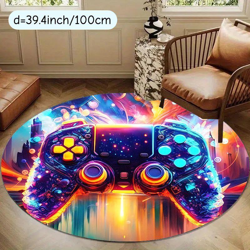 Gaming Controller Round Carpet Flannel Vibrant Colors Kids Room Decoration Video Game Lover Gift