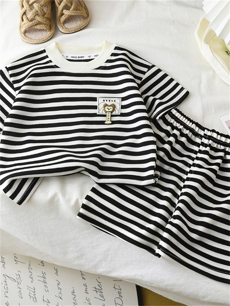 2026 Summer Children O-Neck Short Sleeve T-Shirt Suits Baby Spring Short Pants Two-pieces Set Stripe Cotton Suit for Girl Boy