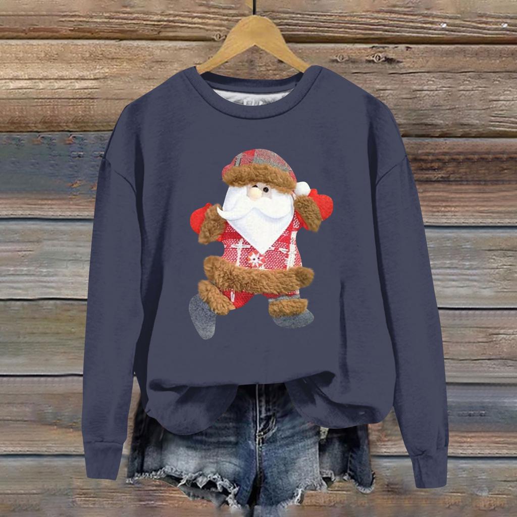 Women's Fashion Christmas Small Print Long Sleeve Loose Round Neck Sweatshirt