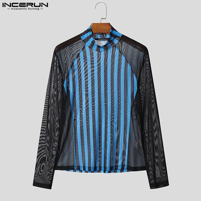 INCERUN Two-piece Men Long Sleeve Striped Mesh Sheer Crop Tops Bow Elastic Waist Pants Sets