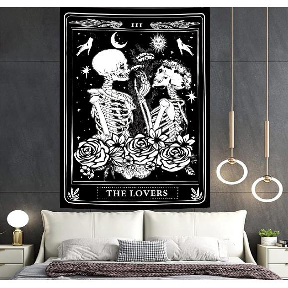 Onivein The Lovers Skull Tapestry Gothic Tapestry Vertical Black and White Skeleton Gothic Witch Sun Moon Floral Plant Snake Tapestries Wall Hanging