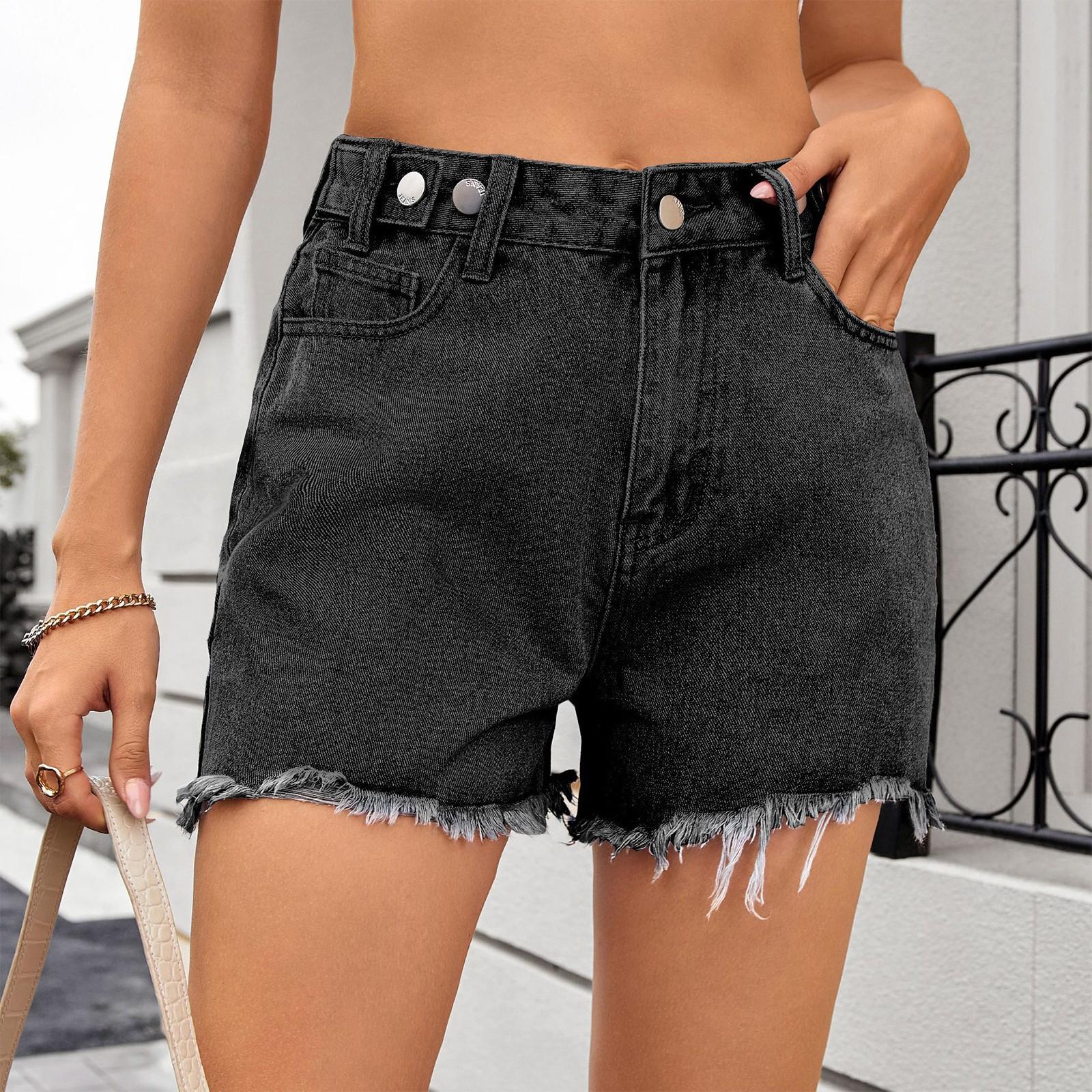 

Женские модные однотонные повседневные джинсовые шорты с карманами на пуговицах и подвернутым краем M чёрный