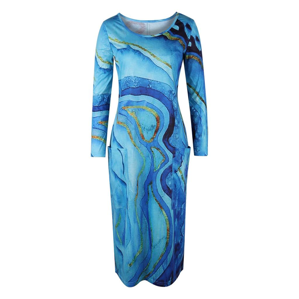 Women's  And Winter Printed Round Neck Long Sleeve Dress With Pockets