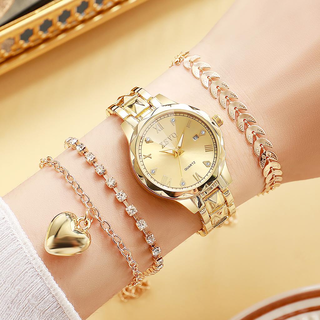 New Women's Roman Dial Gold Quartz Watch Bracelet Necklace Set, Fashionable Diamond-Embedded Quartz Wristwatch