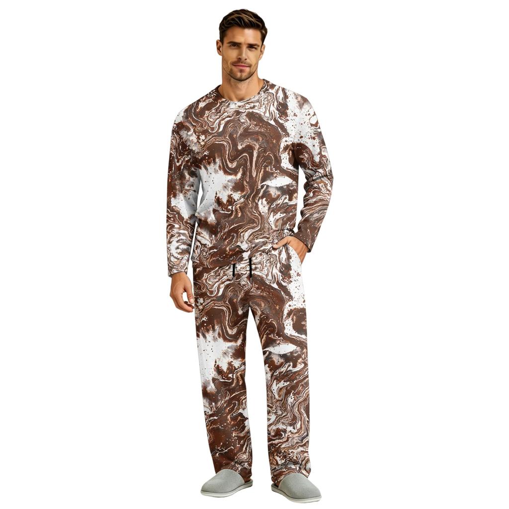Men's Pajama Set Long Sleeve Top and Long Pants with Button Crotch and Elastic Drawstring Waist for Home Loungewear