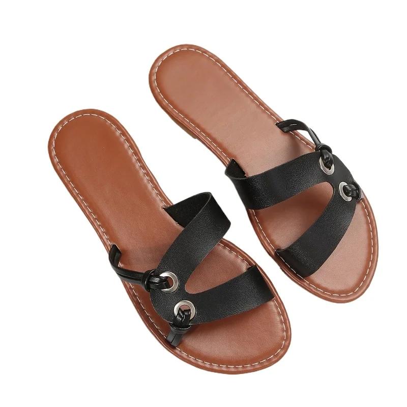 2024 Léto Nové Módní Jednobarevné Kulatá Špička Otevřená Špička Dírkované Minimalistické PU Kožený Povrch Nošení Dámské Velké Pantofle