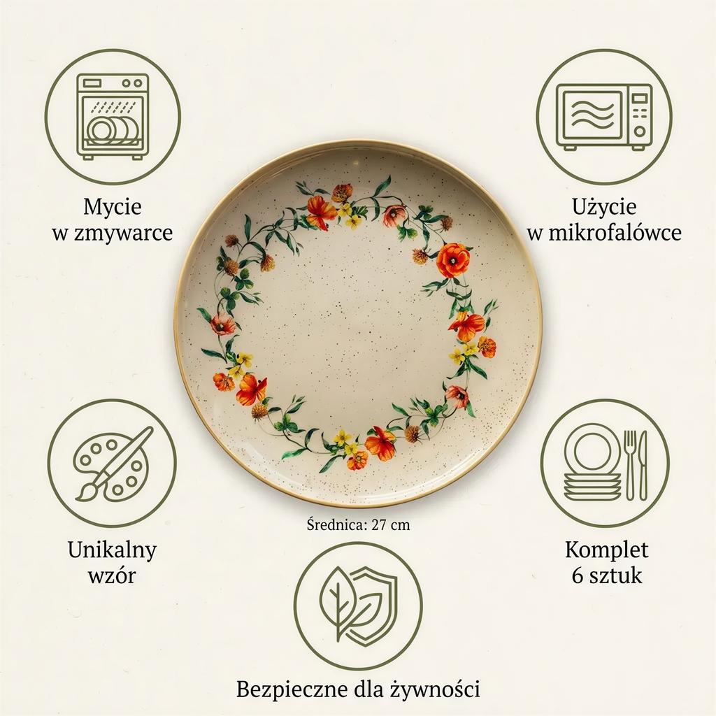 PLATES 6 pcs LARGE DINNER PLATES 27cm CERAMICS WILD FLOWERS POPPIES