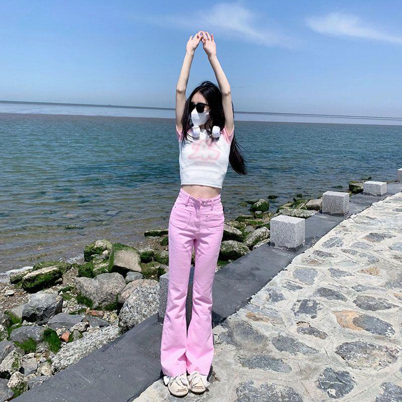 

Summer New Style Pink Denim Female Easiest for Match Niche Style Fashion Wind High Waist Slim Looking Loose Horseshoe Bell-Bottom Pants High Street Pink M