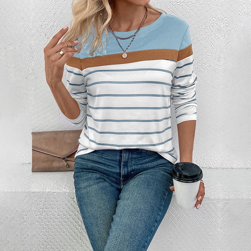 Womens Striped Long Sleeve T-Shirt Winter Casual Round Neck Pullover Top Milk Silk Fabric Slim Fit