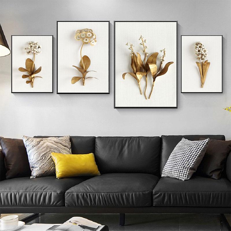 Abstraktní Golden Leaf Květina Obraz na plátně Severské rostliny Plakát Nástěnná umělecká reprodukce Obraz Moderní ulička Obývací pokoj Domácí dekorace