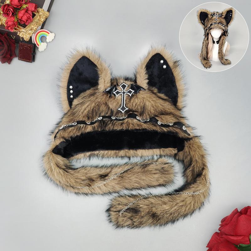 Goth Handwork Medieval Cross Fluffy Hat Woman Punk Wolf Cat Ears Plush Headgear Gothic Darkness Cosplay Props Windproof Gorros