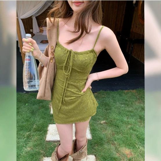 Green fresh suspender dress women's summer atmosphere lace-up tube top beautiful slim slim and thin hip skirt