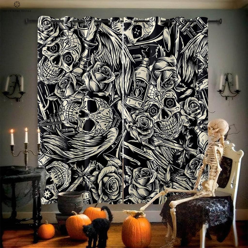 Skull Floral Butterfly Print Curtains for Dining Room, Bedroom, Living Room, Halloween, Holiday Party Decoration, 2 Pieces