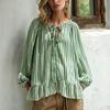 Women's Casual Loose Fit Striped Long Sleeve Round Neck Self-Tie Blouse