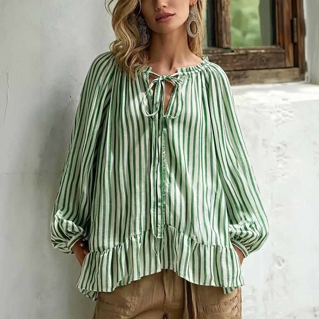 Women's Casual Loose Fit Striped Long Sleeve Round Neck Self-Tie Blouse