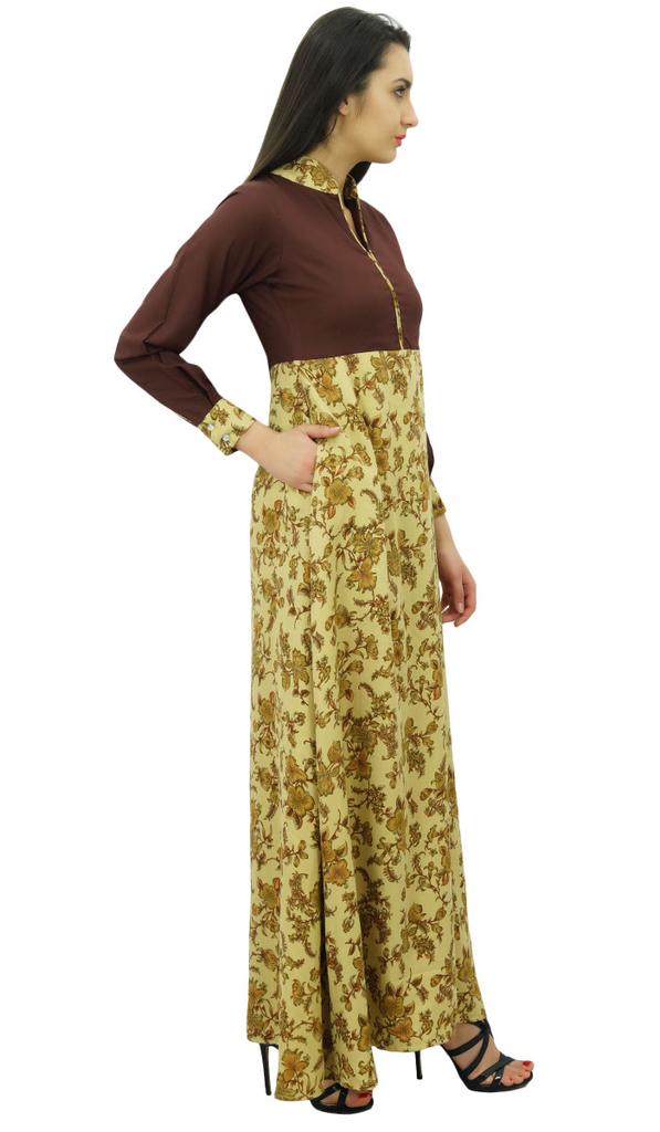 Bimba Women's Floral Parited Shirt Collar Long Maxi Jilbab Full Sleeve