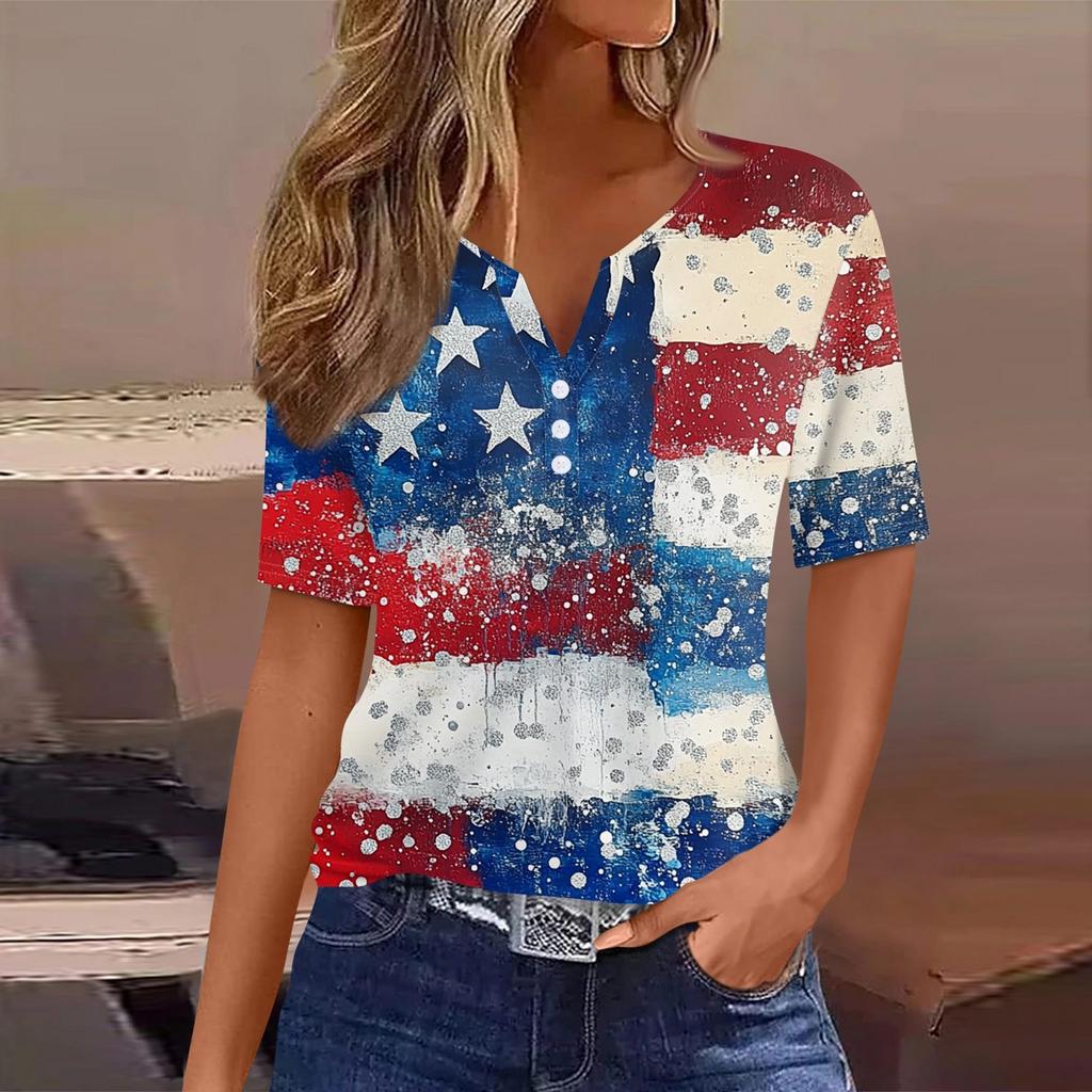 Women's T Shirt Tee Independence Day Printed Button Short Sleeve Tunic Daily Weekend Fashion Basic V- Neck Regular Top