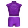 Girls Sleeveless Crop Top Shiny Rhinestones Cutout Design with V Front Waistband Shorts Dance Outfit