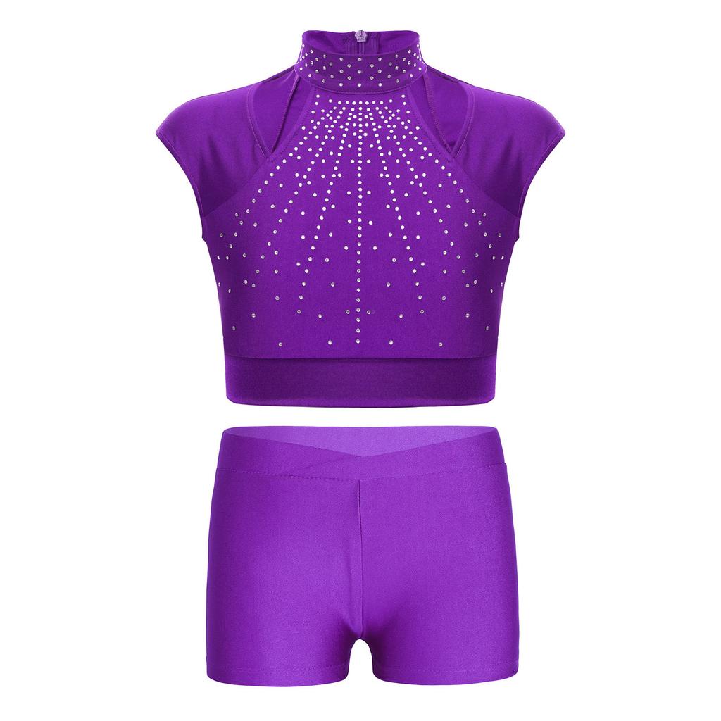 Girls Sleeveless Crop Top Shiny Rhinestones Cutout Design with V Front Waistband Shorts Dance Outfit