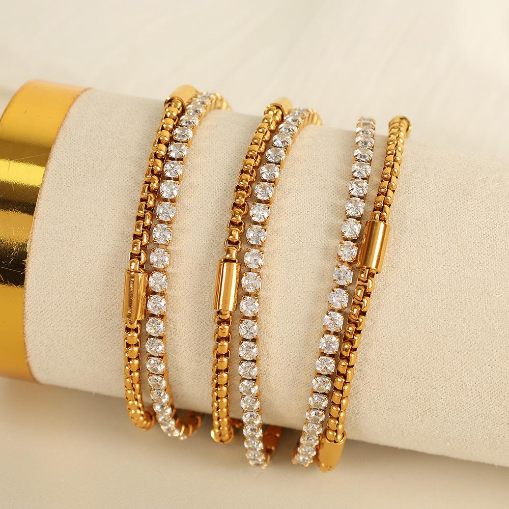 ODM 18K Gold Plated Stainless Steel Fashion White Zircon Bracelets Adjustable Tennis Multi-layer Luxury Jewelry for Women