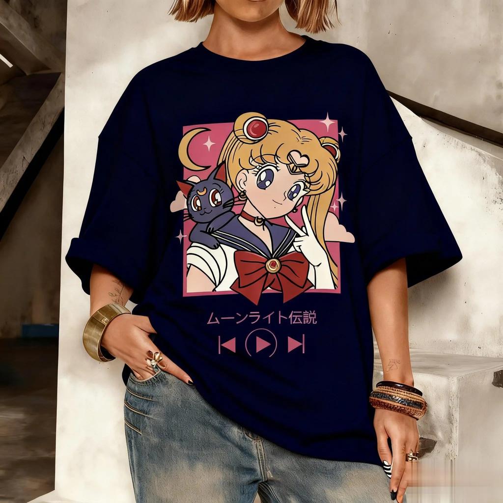 Sailor Moon Tsukino Usagi & Luna "Moonlight Densetsu" Music Player Oversized T-Shirt Girl Anime Streetwear Tee, 100% Cotton Casual Short Sleeve Top