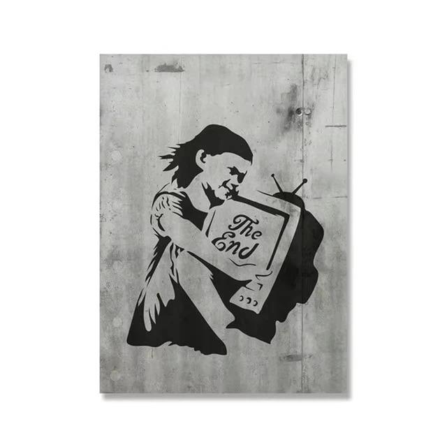 Graffiti Artwork Canvas Painting Prints Wall Art Pictures Girl with Red Balloon Black White Posters Nordic Home Decor