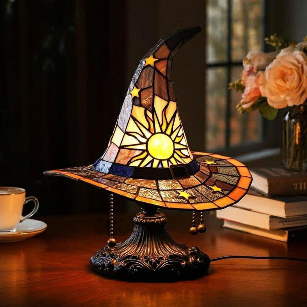 Lampa w kształcie Kapelusza Czarownicy na Halloween Żywiczny Ozdoba Lampka na USB Dekoracja, Świąteczna Lampa Stołowa