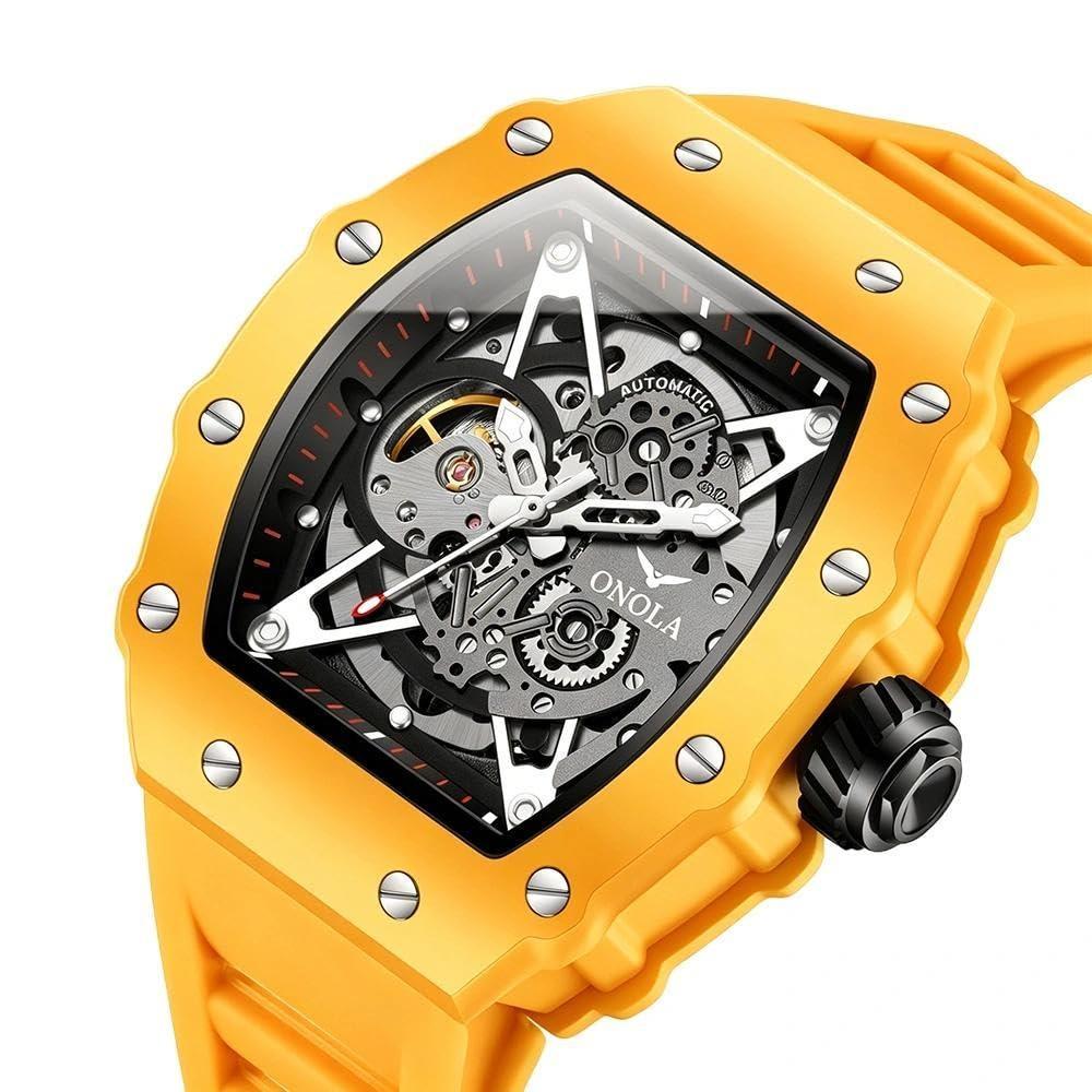 Automatic Skeleton Watch Mens Waterproof Luminous Tonneau Mechanical Wrist Watch Silicone Band