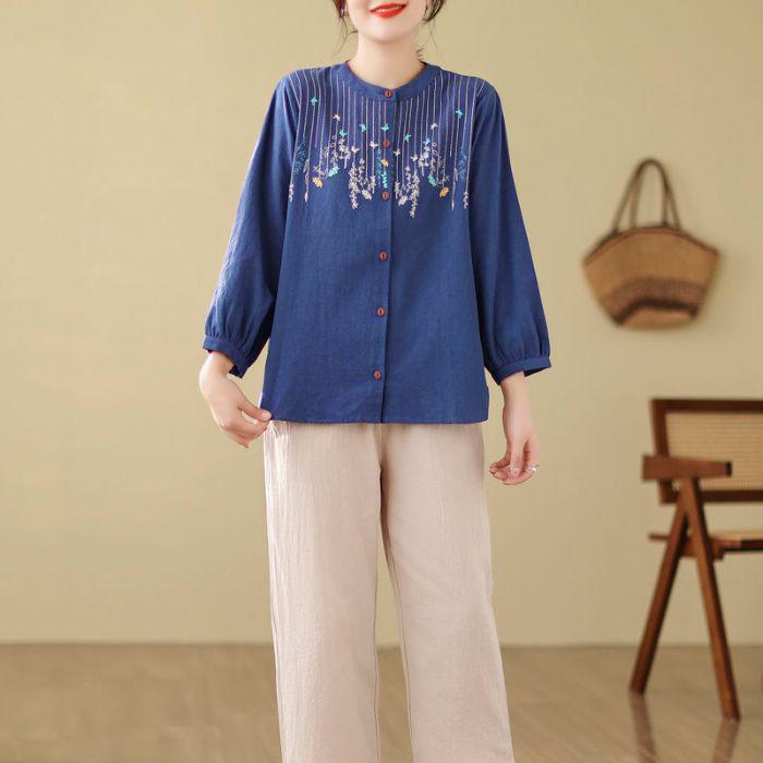 Plus Size Embroidered Cotton Linen Long-Sleeve Cardigan for Women