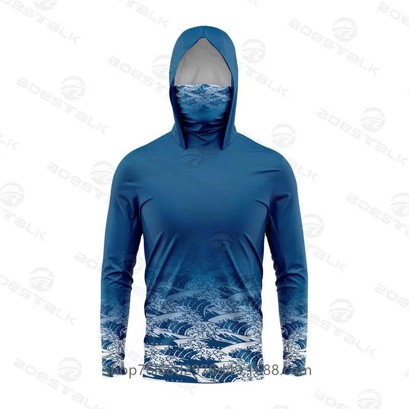 Mens Quick-Dry Ice Silk Long Sleeve UPF 50 Sun Protection Hooded Fishing Shirt With Integrated Face Cover